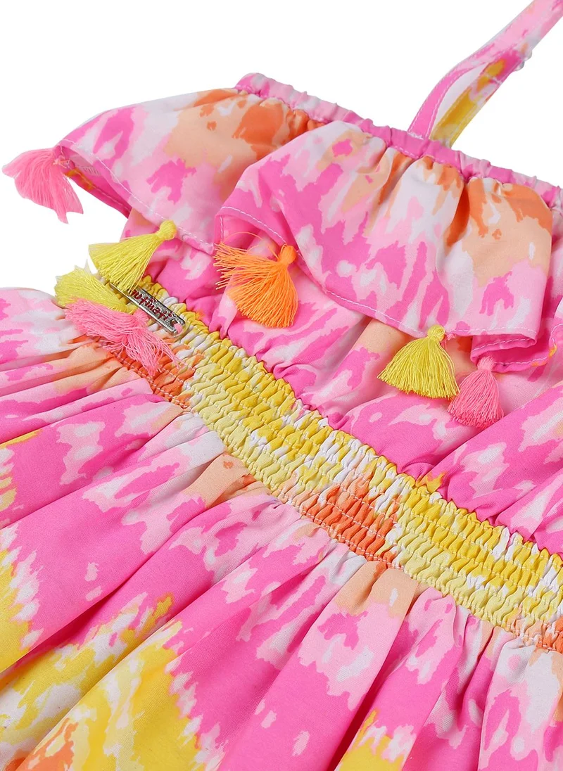Nautinati  Girls' Cotton Blend One-shoulder Multicolour Abstract Tie-dye Print Fit & Flare Smocked Dress for Women | Best Price UAE